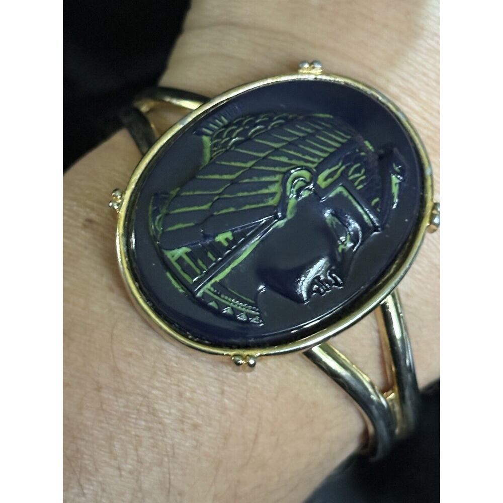 Pharaoh Egyptian Revival Cuff Bracelet Blue Glass & Gold Tone Statement Bracelet - Picture 3 of 13